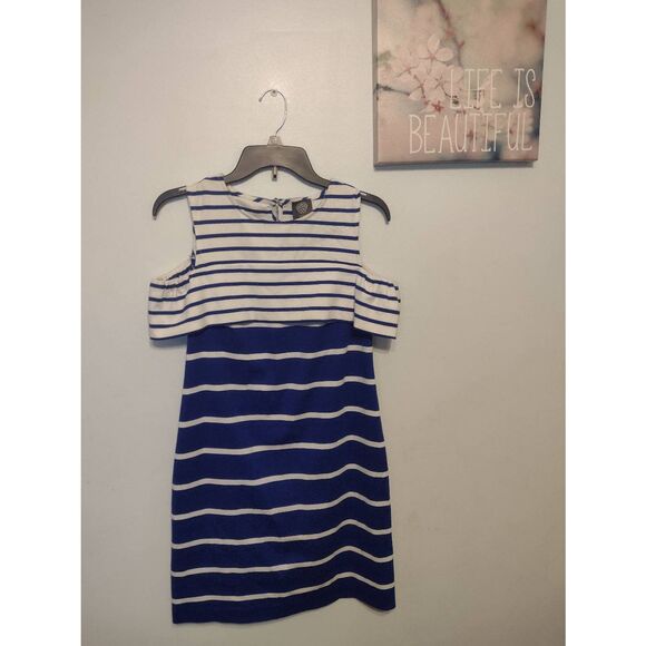 Vince Camuto Dress Women's 4 Blue White Striped Cold Shoulder Midi - Picture 1 of 3